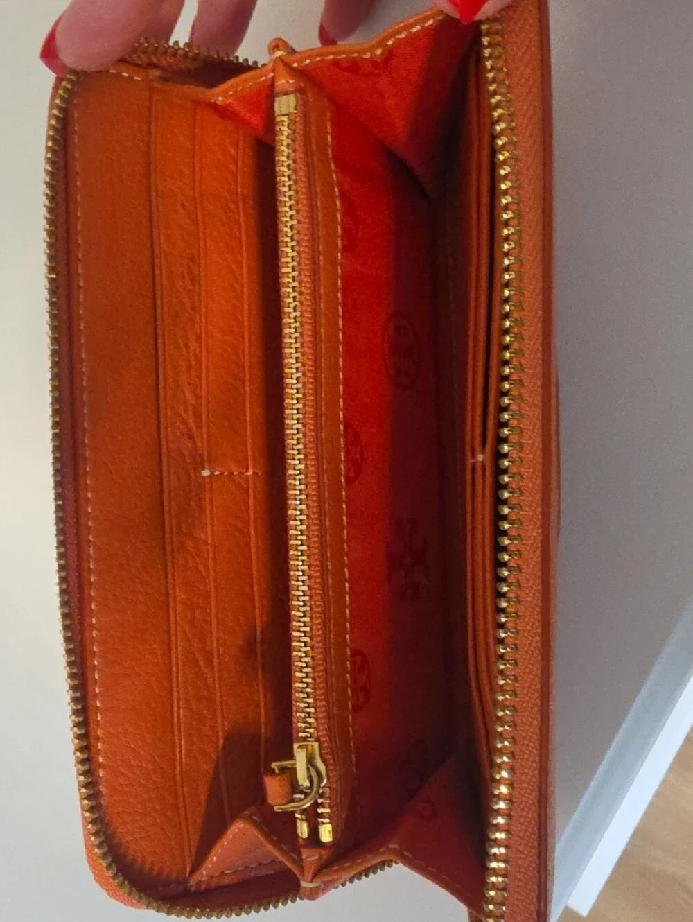 Tory Burch Orange Leather Zip Wallet with Logo Detail